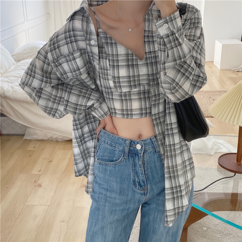 Bộ Áo Croptop Ca Rô Dài Tay + Áo Khoác Croptop Dài Tay Xinh Xắn Dành Cho Nữ 36795