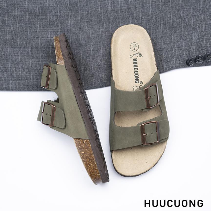 Dép unisex 2 Khóa HUUCUONG Quai Da Thật Màu Xanh Rêu Đế Trấu