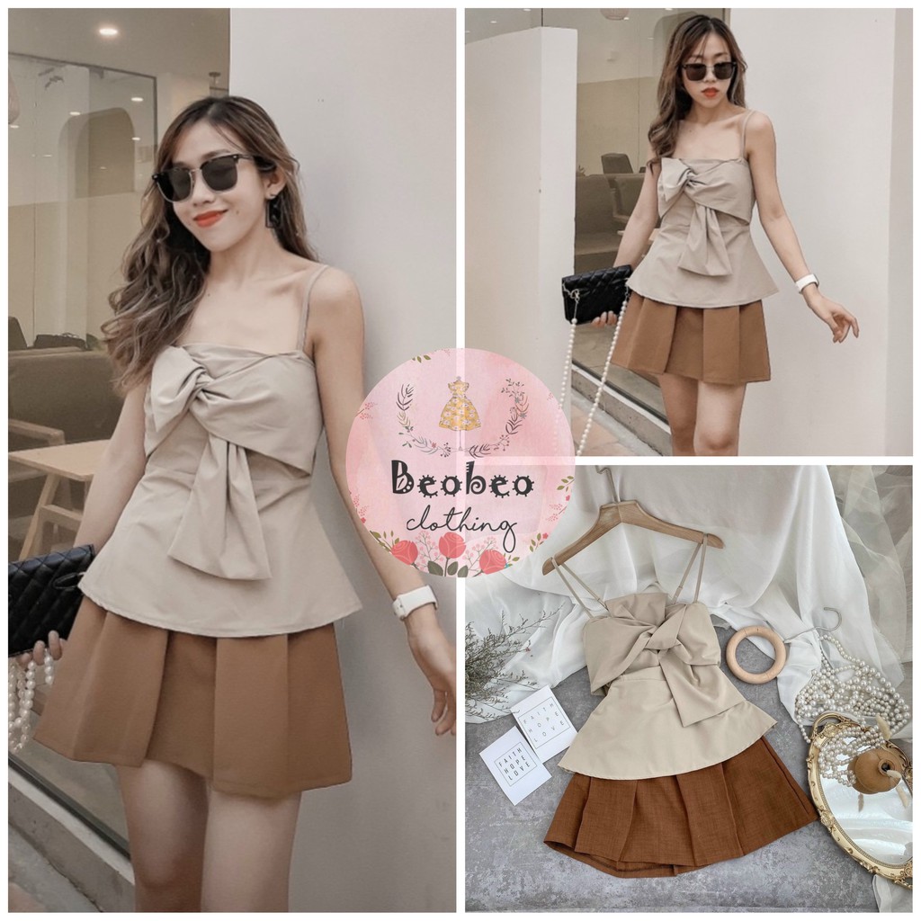 Set áo 2 dây peplum nơ ngực kèm chân váy xếp ly dễ thương