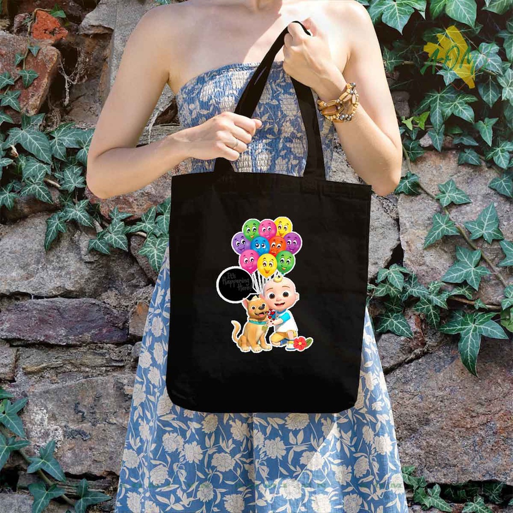 TOTE CANVAS COCOMELON TÚI VẢI ĐEO VAI BAG CÓ KHÓA KÉO SIZE LỚN 33x38cm AOMIVN DU LỊCH DẠO PHỐ