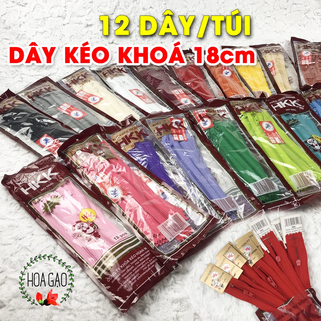 Khoá kéo, dây kéo HKK túi 12 dây 18cm GDKGT đủ màu sắc phụ kiện may mặc handmade mầm non freeship xtra