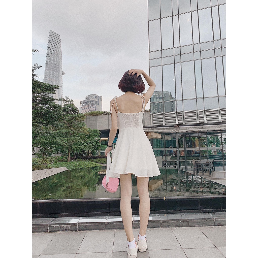 Đầm/Váy 2 Dây Thắt Nơ Vai Lưng Chun, Váy Xoè Hai Dây Chun Lưng