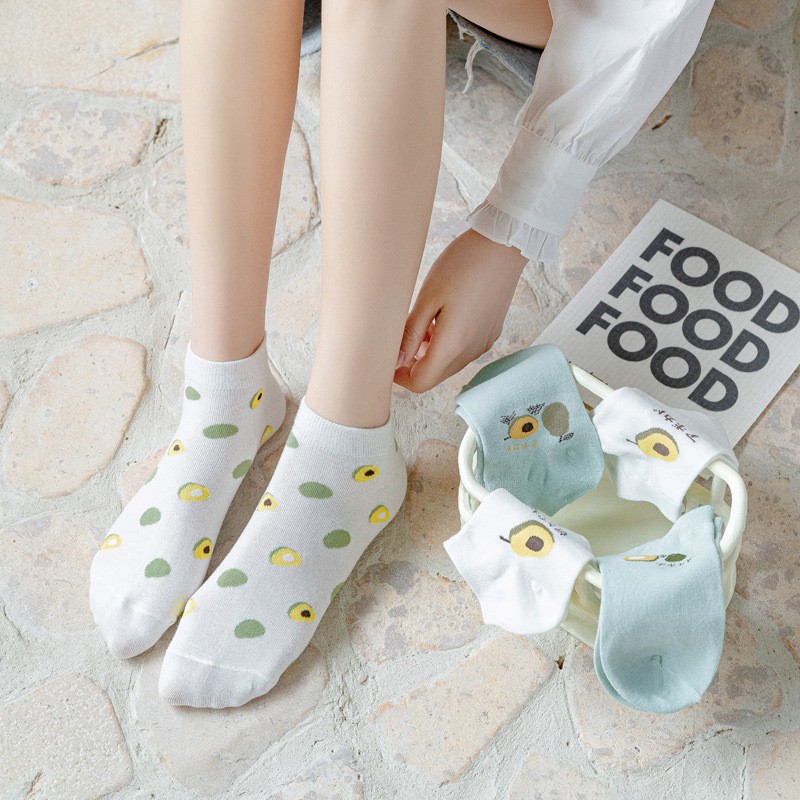 Tất cotton WAFNHA D505 màu xanh lá thoáng khí họa tiết trái bơ thời trang cho nữ