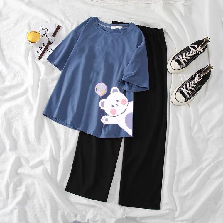 Sét Áo Gấu cầm bóng + quần suông, Đồ UNISEX nam nữ, mặc ở nhà và đi chơi, chất đẹp, không xù - FANI