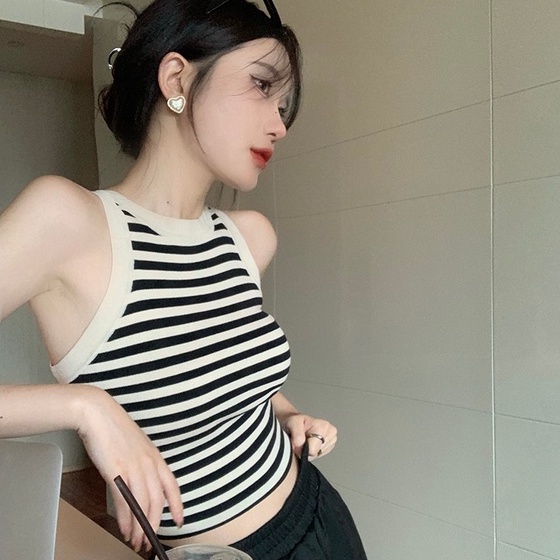 Áo dệt kim sát nách ZHELIHANGFEI eo cao họa tiết kẻ sọc gợi cảm thời trang