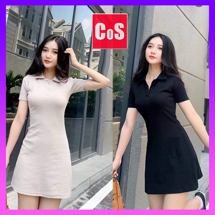 Đầm Body Polo, Váy Polo Chất Cotton Lạnh, Cổ Bẻ, Tay Ngắn, 2 Màu Be và Đen. COS V1007