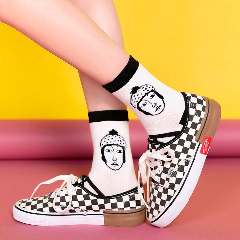White Black Striped Plaid Japanese Girls Socks Face Print Cotton Women Crew Socks Fashion Design Simple Female Socks