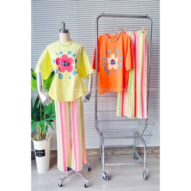 Set áo cotton cam  đính nơ quần suông cầu vòng