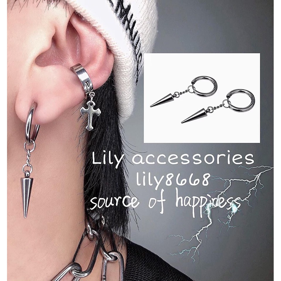 khuyên tai titan dây xích mũi nhọn cho nam nữ không gỉ không đen không dị ứng