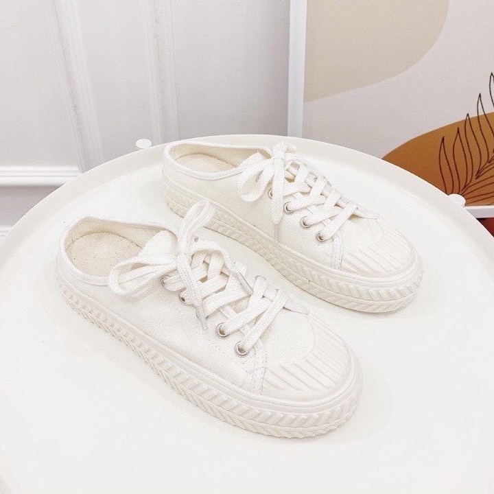 Giày sục thể thao nữ đạp gót màu trắng trơn vải canvas đế độn cao 3cm - LAPA