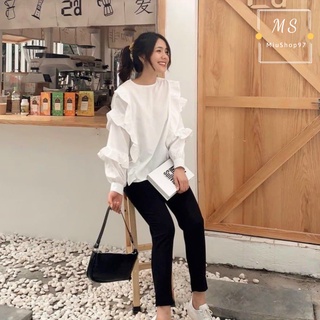 Áo Tay Dài Bèo Nhún Dọc Thân MINA (TRẮNG)