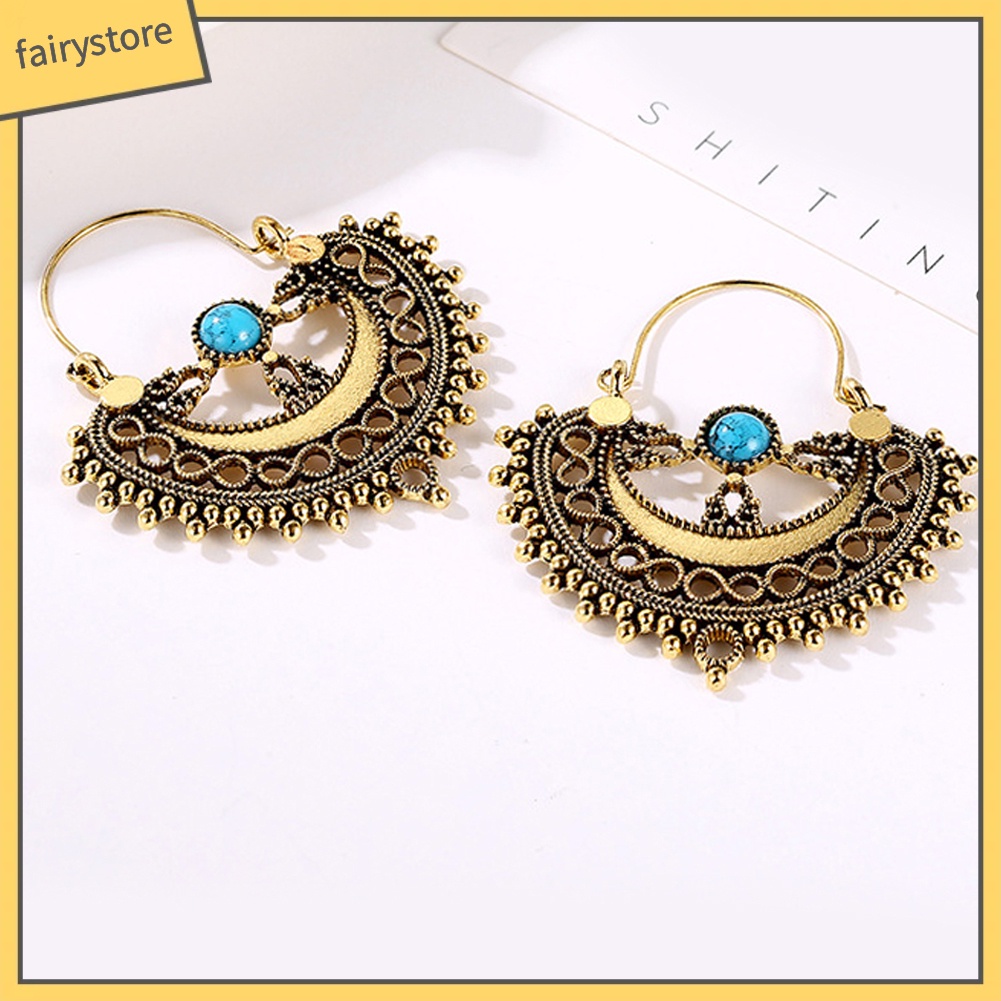 Khuyên Tai Chuỗi Đính Đá Ngọc Lam Nhân Tạo Phong Cách Dân Tộc Thời Trang Cho Nữ