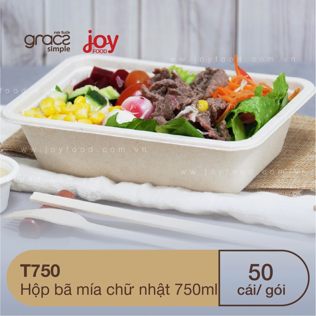50 hộp bã mía chữ nhật 750ml thích hợp đựng cơm trộn, mì xào, miến xào/ Kèm Nắp Nhựa