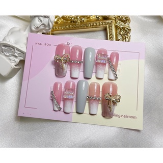 Nailbox thạch hồng ombre trắng mắt mèo đính nơ tiểu thư