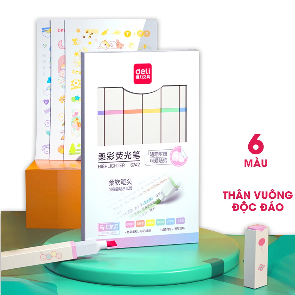 Bộ 6 bút highlight dạ quang đánh dấu nhớ dòng tặng sticker cute marker Deli ghi chú note bullet journal trang trí sổ tay