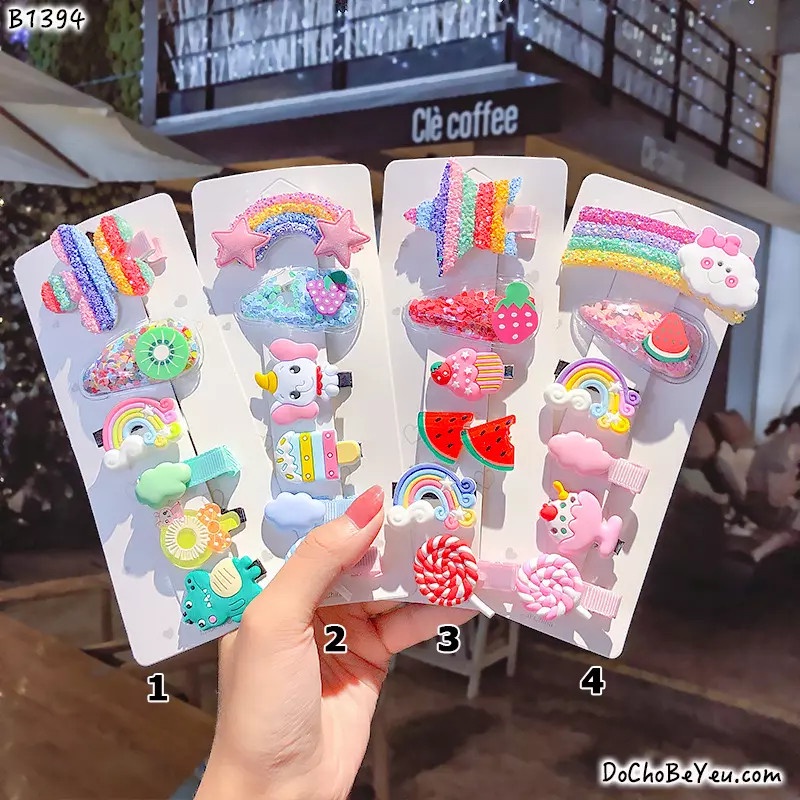 Set 6 Kẹp mái đính kim tuyến Cầu vòng, Ngôi sao, bông hoa, ngôi sao Hàn Quốc