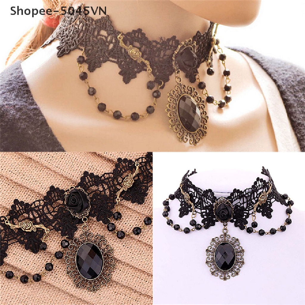 Vòng Cổ Choker Ren Hoa Hồng Đen Đính Hạt Thời Trang