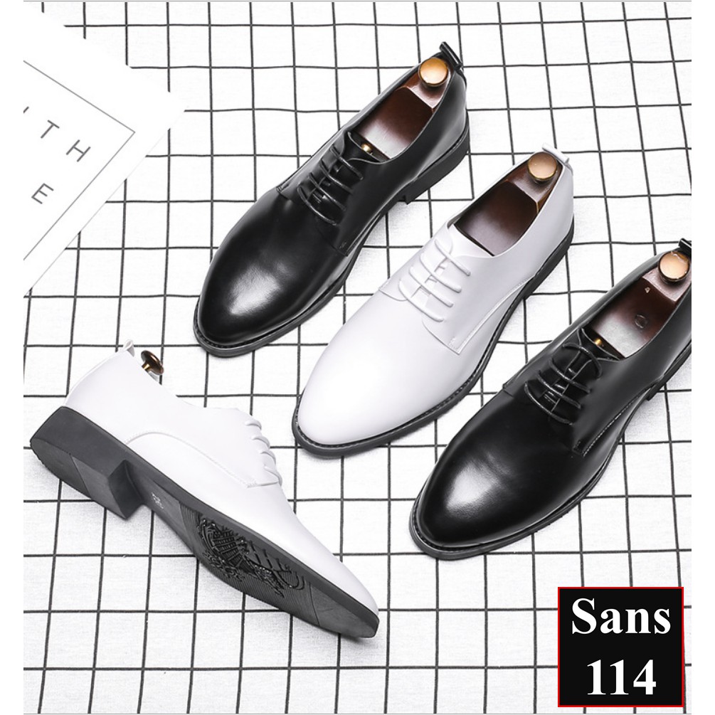 Giày tăng chiều cao nam Sans114 da bò thật derby công sở giầy độn đế 5cm dây buộc màu trắng đen