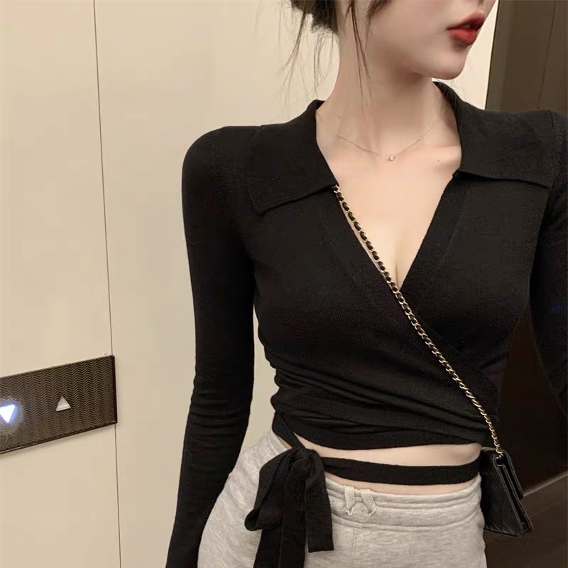 Áo len cột eo cổ V