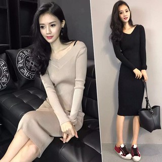 Váy Len Cổ V Váy Len Trễ Vai Sexy Dáng Ôm Áy Len Basic Màu Kem Màu Đen