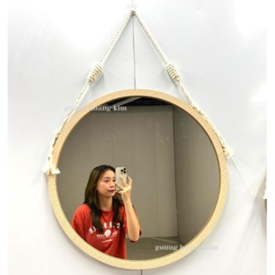 Gương tròn trang điểm viền gỗ, gương trang trí decor treo dây thừng full phụ kiện đường kính 60cm guonghoangkim