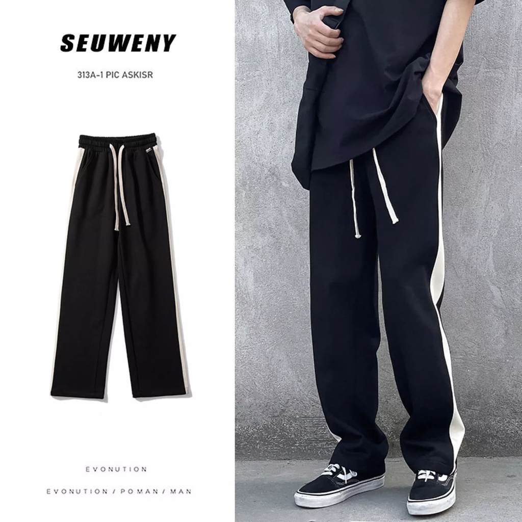 (hotQuần thun đen 1 sọc 1s 1 line trắng ống rộng ống suông baggy nam nữ PHong cách unisex - vải co giãn tốt quần ulzzang