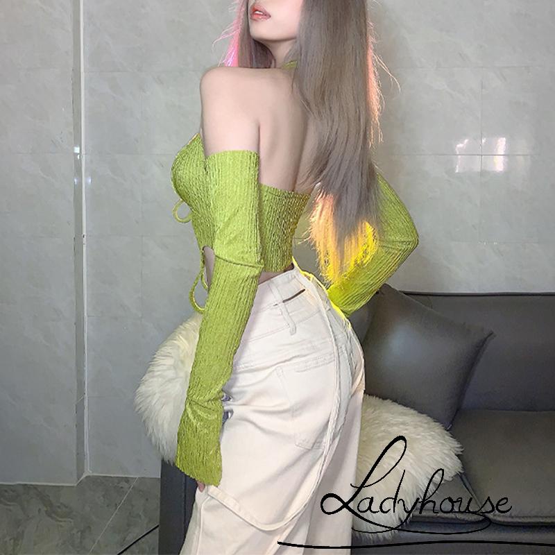 LD-Women´s Halter Crop Tank Tops, Sleeveless Solid Color Front Drawstring Camisole + Arm Sleeves