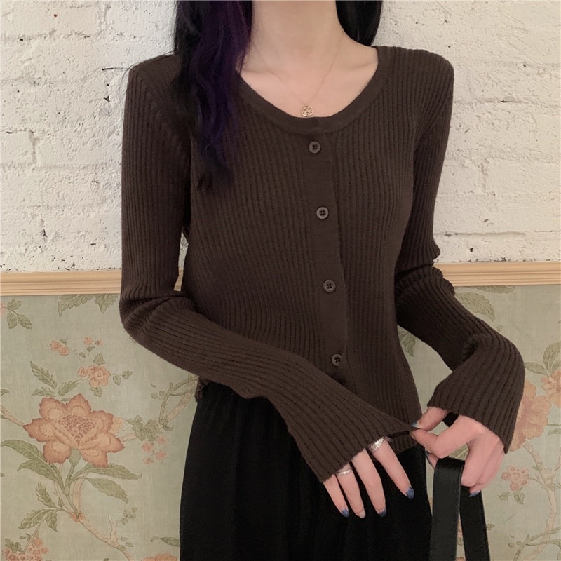 Áo len khoác len carigan nữ tay ôm dài, thân áo rộng màu trắng, màu đen, màu nâu, màu kem vàng