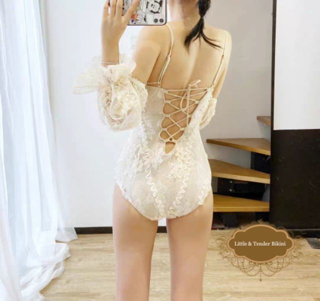 Bikini 1 mảnh phối lưới thêu hoa