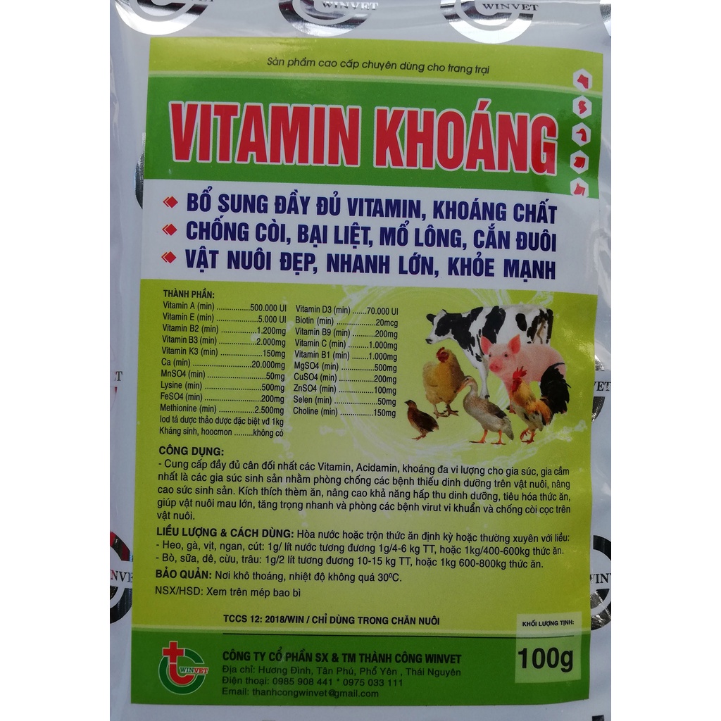 1 gói VITAMIN KHOÁNG 100g Bổ sung đầy đủ vitamin, khoáng chất cho vật nuôi