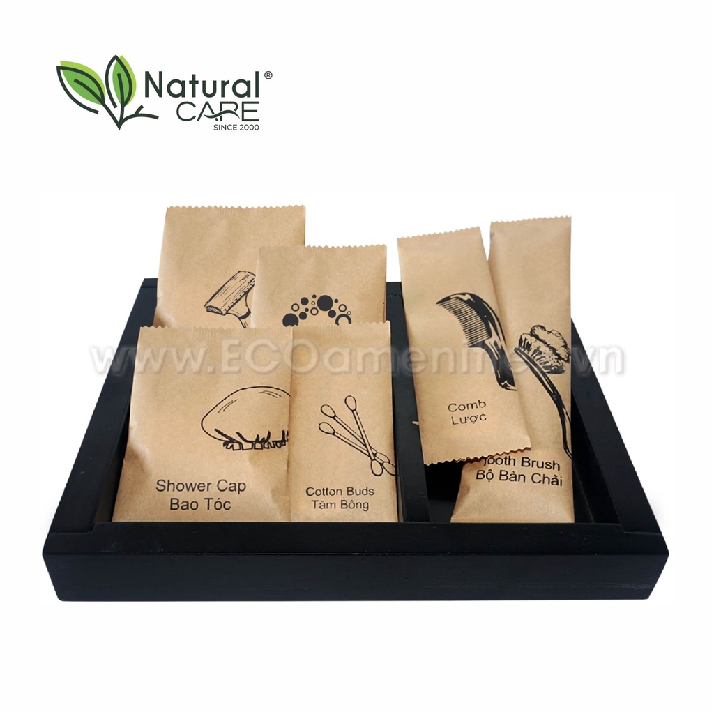 Combo 100 bộ đồ dùng khách sạn thân thiện môi trường với bao bì giấy Kraft vàng