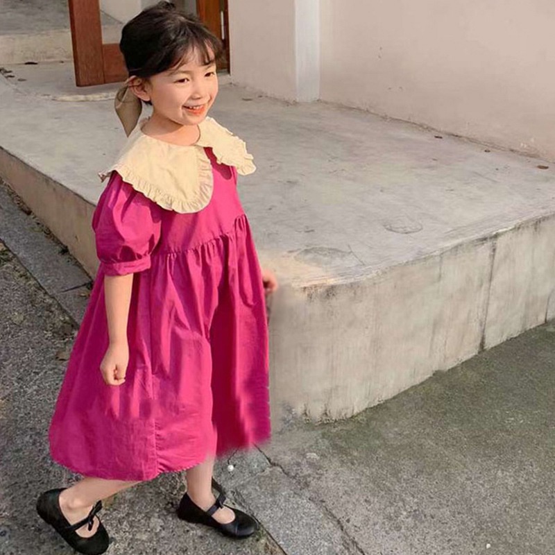 Đầm Tay Phồng Cổ Bẻ Thời Trang Hàn Quốc Đáng Yêu Cho Bé Gái