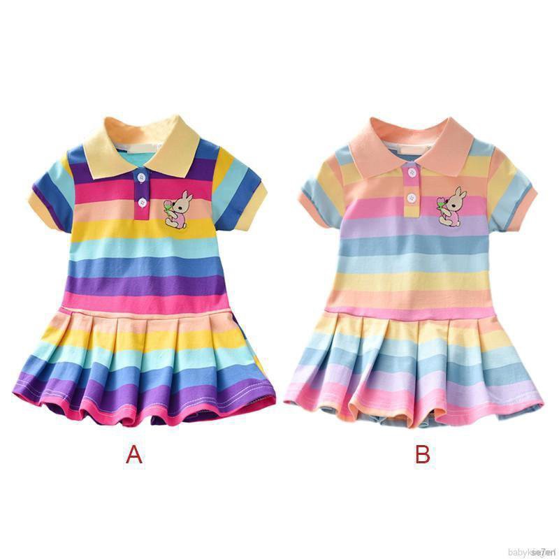 【thời trang trẻ em】Đầm Bé Gái Tay Ngắn Sọc Ngang Nhiều Màu