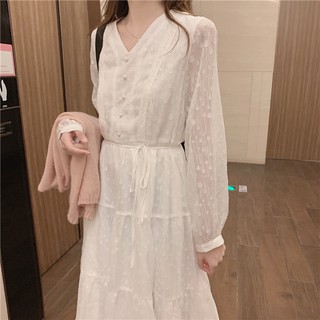 (Có săn) Đầm trắng công chúa tay dài / Set váy áo gile hồng mùa thu