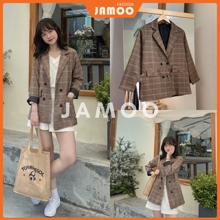 Áo khoác nữ, áo blazer 2 lớp kẻ nâu choco jamoo