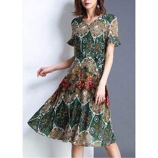 Shoppro - thời trang công sở - đầm xòe công sở kiểu đầm xòe cột eo tay loe in hoa văn lạ mắt 3254