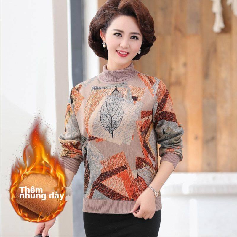 Áo thun tay dài lót nhung dày dặn giữ ấm mùa đông cho phụ nữ trung niên