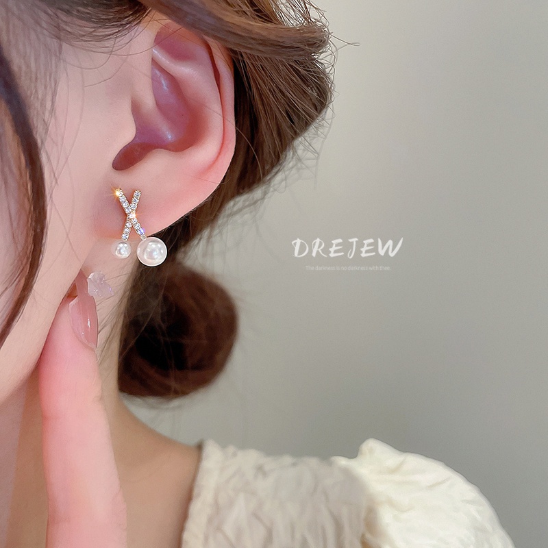 DREJEW Khuyên tai bạc đính đá kim cương và ngọc trai giả phong cách cổ điển dễ phối đồ