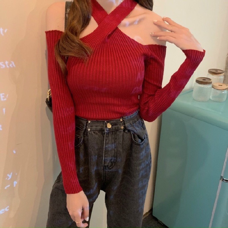 New⚡️⚡️⚡️Áo thun gân len trễ vai form rộng tay dài sexy dáng đẹp thời trang kiểu Hàn Quốc dày dặn