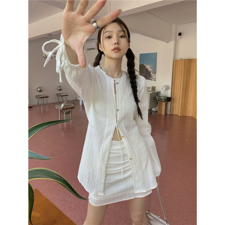 「MOTEL7」Set Áo Ren Tay Dài + Chân Váy Chữ A Màu Sắc Trơn Dành Cho Nữ