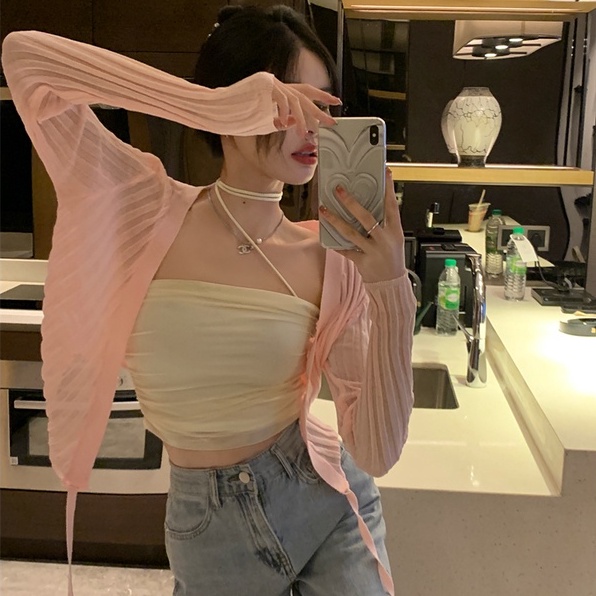 Áo Khoác Cardigan Dệt Kim Tay Dài Cổ Chữ V Dáng Ngắn Thời Trang Trẻ Trung