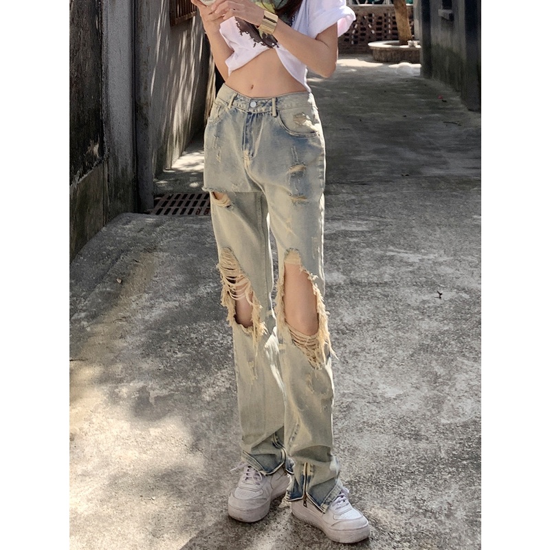 Ethelgirl Quần jeans Nữ Lưng Cao Mài Rách Thời Trang Hàn | BigBuy360 - bigbuy360.vn