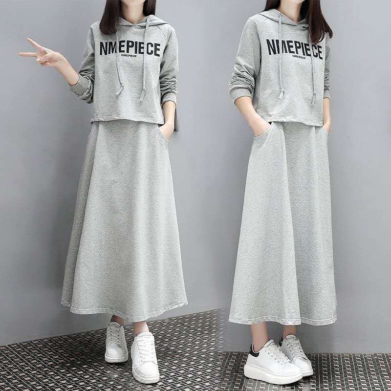 Set Áo Thun Tay Dài Có Mũ Phối Chân Váy Ôm Dáng Phong Cách Hồng Kông Cổ Điển Thời Trang Cho Nữ