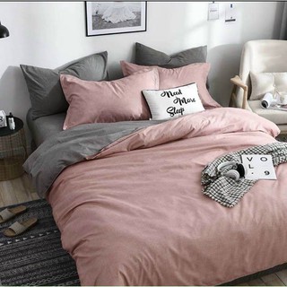 Bộ chăn ga gối cotton poly chăn phao hồng xám