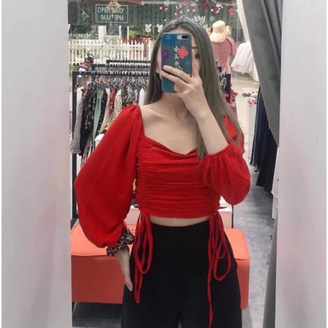 🌷Áo Croptop Cổ Vuông Nhúng Rút Eo