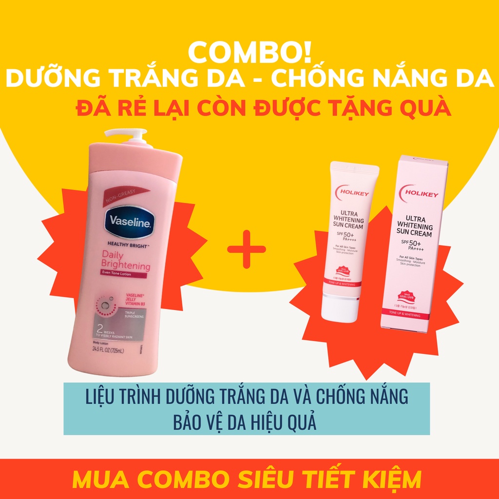 COMBO Dưỡng Trắng, Chăm Sóc Phục Hồi Da Vaseline Kết Hợp Kem Chống Nắng HOLIKEY Vật Lý Kiềm Dầu TONE UP SPF50+