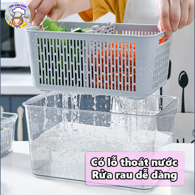 Hộp Nhựa Đựng Thực Phẩm Tủ Lạnh Cao Cấp SHIMOYAMA Trong Suốt  Có Nắp 2 Lớp Có Lỗ Thoát Nước Khóa Thoát Khí