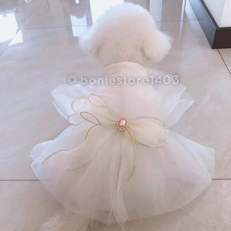 Đầm Váy Cưới Trắng Cho Chó Mèo Thú Cưng, Đầm Công Chúa Đính Nơ Phối Lưới Cao Cấp Hàng Thiết Kế