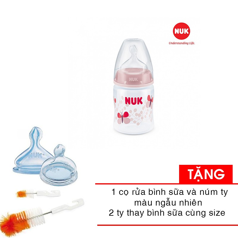 Bình sữa NUK cổ rộng PP 150ml - Ty Silicone 1M NU66132 tặng cọ rửa bình sữa và núm ty và 2 ty bình sữa cùng size