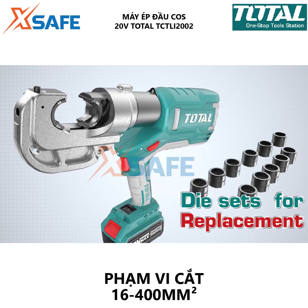 Máy ép đầu cos thủy lực TOTAL TCTLI2002 Máy ép cos kèm 2 pin Lithium-Ion 20V/4.0Ah, màn hình hiển thị số lượng sử dụng